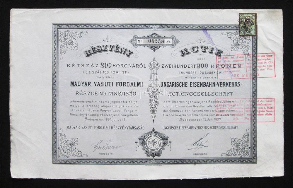 Magyar Vasúti Forgalmi Rt. részvény 200 korona 1897
